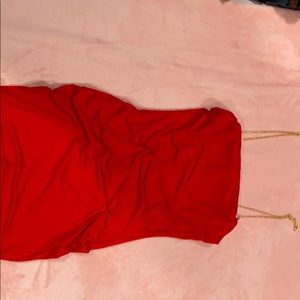 red mini dress with gold chain straps